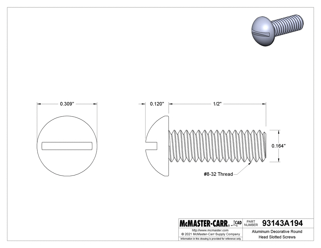 Technical Drawing of Aluminum Decorative Round Head Slotted Screws, 8-32 Thread Size, 1/2" Long.